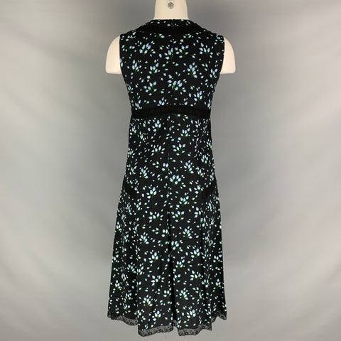 PRADA Size 8 Black Blue & Green Viscose Elastane Floral Sleeveless Dress