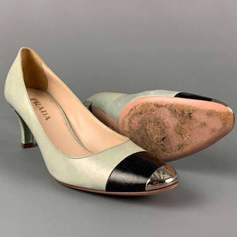 PRADA Size 7 Mint Black Silver Leather Color Block Cap Toe Pumps
