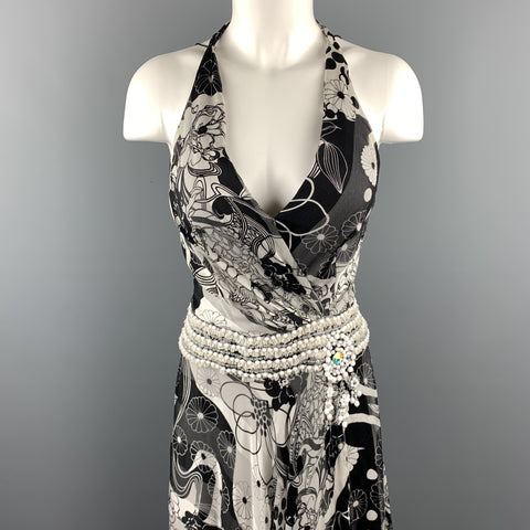 NAEEM KHAN Size 6 Black & White Floral Silk Beaded Halter Gown