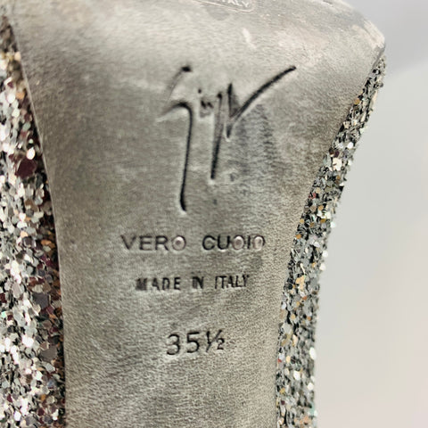 GIUSEPPE ZANOTTI Size 5.5 Silver Glitter Peep Toe Pumps
