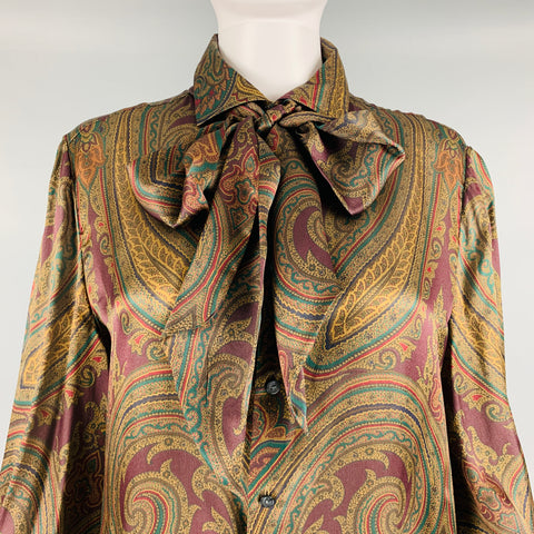 RALPH LAUREN Size 12 Multi-Color Silk Paisley Bow Blouse