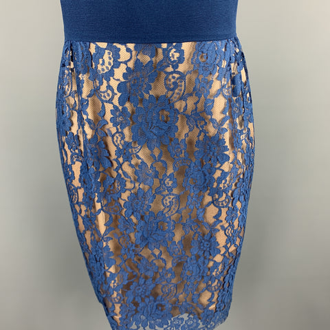 ROSANNA MANZONI Size 10 Blue Silk Lace Shift Cocktail Dress