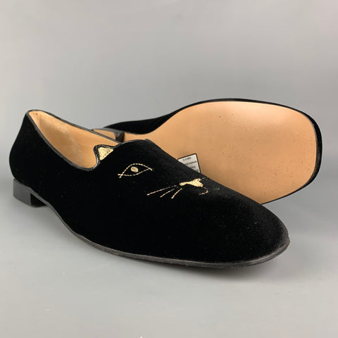 CHARLOTTE OLYMPIA Size 11 Black & Gold Embroidery Velvet Slip On Loafers