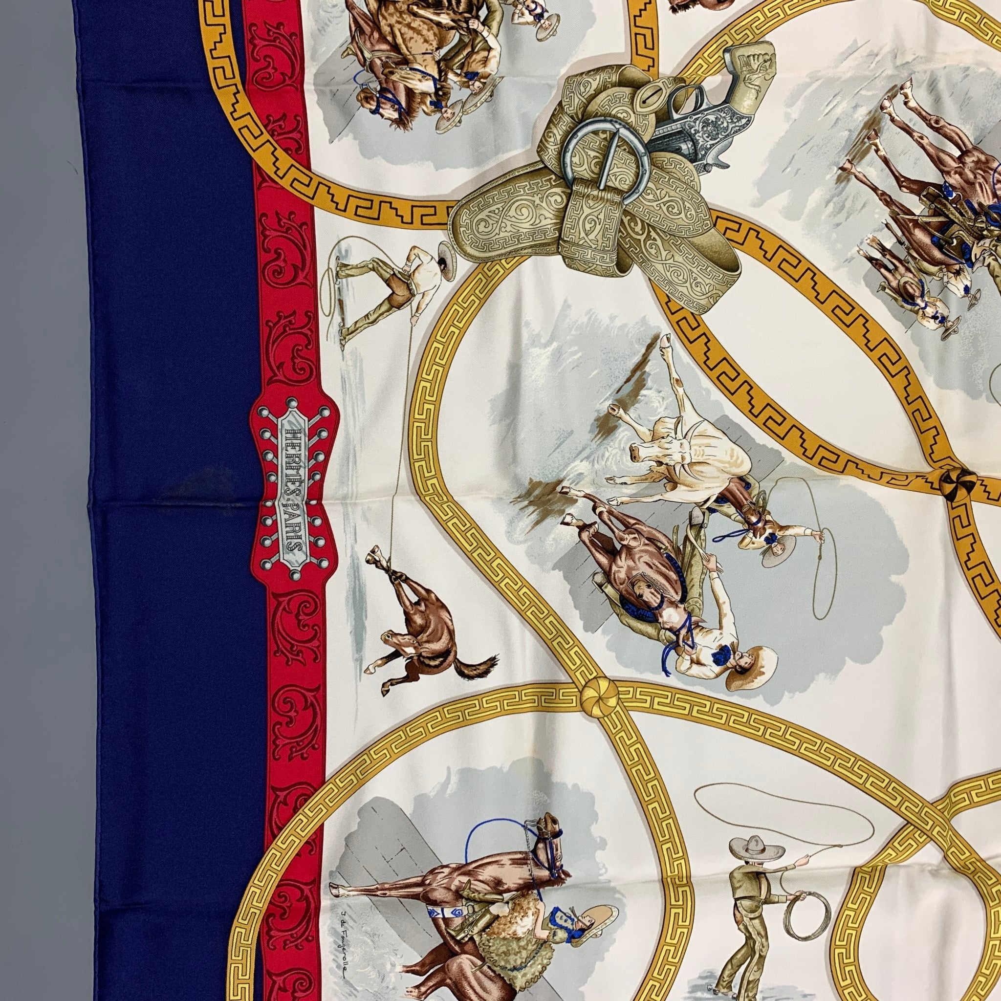 HERMES Blue Red White Equestrian Silk Charreada Scarf – Sui
