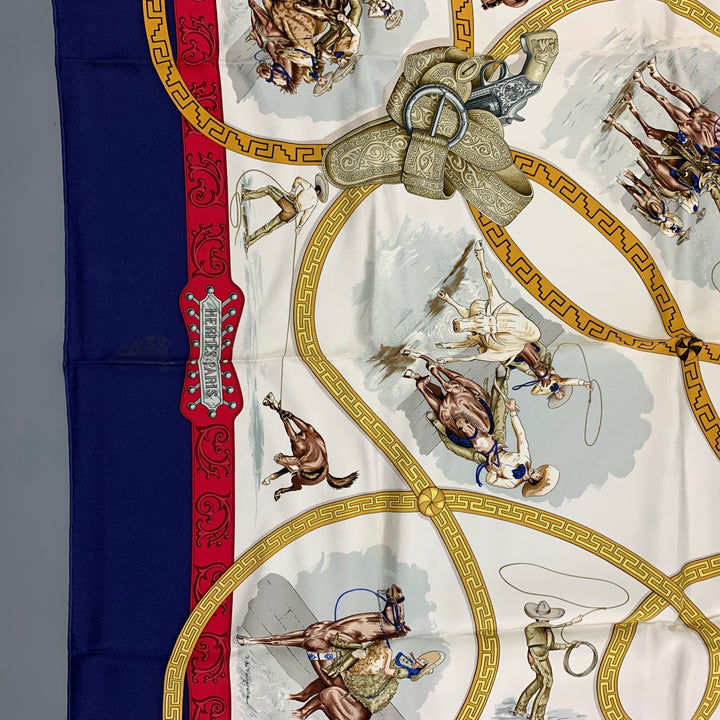 HERMES Blue Red White Equestrian Silk Charreada Scarf