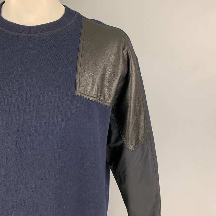 ALEXANDER WANG Size L Navy Black Mixed Materials Crew-Neck Pullover