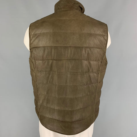 LORO PIANA Size L Olive Quilted Leather Zip Up Vest