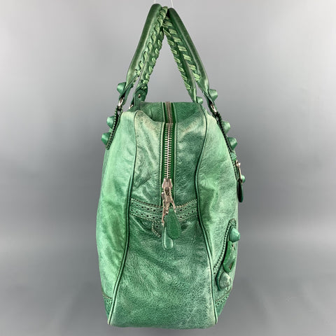 BALENCIAGA Distressed Green Leather Top Handles Handbag