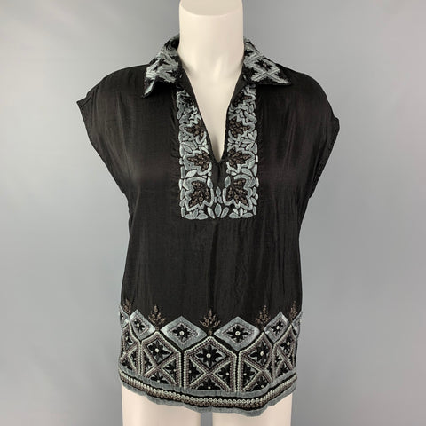 DRIES VAN NOTEN Size 4 Black & Blue Silk Embroidered Sleeveless Dress Top