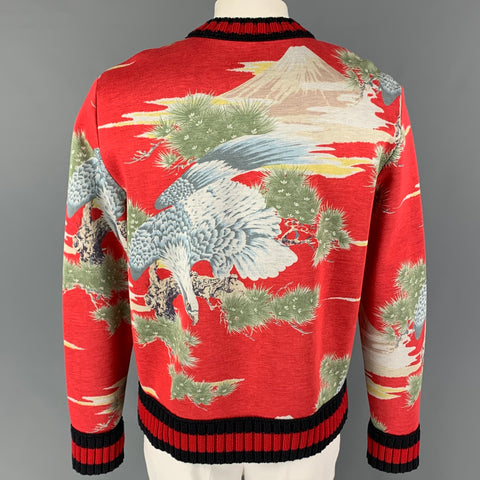 GUCCI Size XL Red Green Khaki Print Modal Crew-Neck Sweatshirt