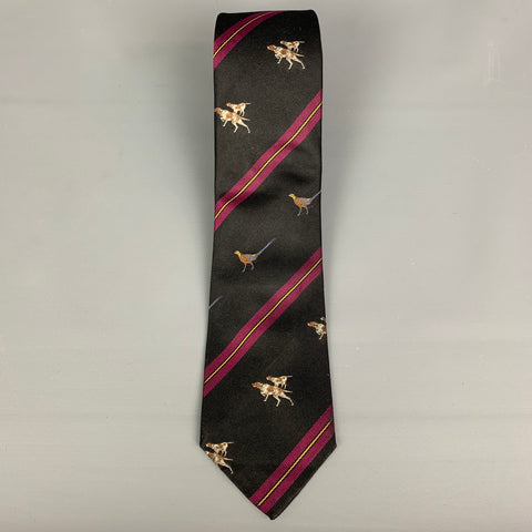 POLO RALPH LAUREN Black & Burgundy Stripped and Dog Print Silk Tie