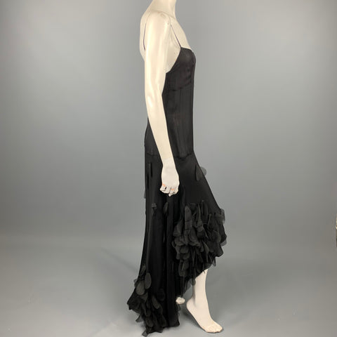 VINTAGE Size 6 Black Rhinestone Applique Silk Spaghetti Strap Cocktail Dress
