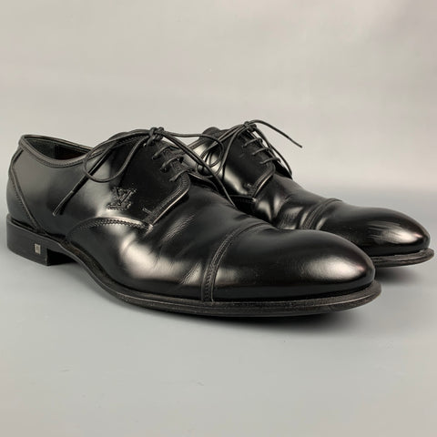 LOUIS VUITTON Size 7.5 Black Patent Leather Cap Toe Lace Up Shoes