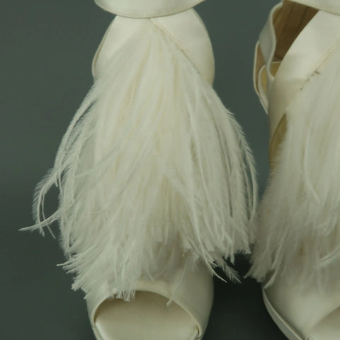 JIMMY CHOO US 8.5 / IT 38.5 White Silk / Leather Ostrich Feather Bridal Sandals JIMMY CHOO