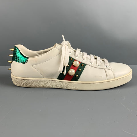GUCCI Talla 10 Zapatillas bajas con cinta de cuero blanco, verde y rojo