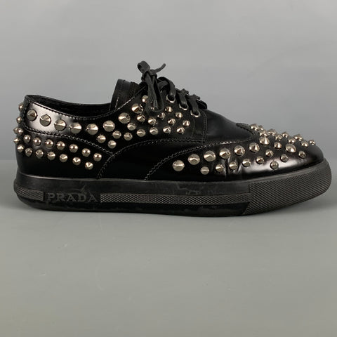 PRADA Talla 7.5 Cordones con cordones con tachuelas de cuero negro