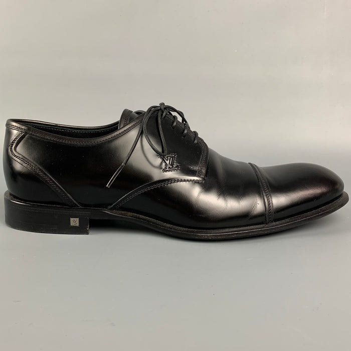 LOUIS VUITTON Size 7.5 Black Patent Leather Cap Toe Lace Up Shoes