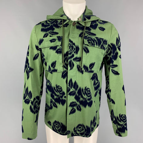 ALESSANDRINI Size M Olive Navy Velvet Floral Cotton Detachable Hood Jacket