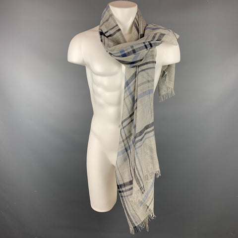 BRUNELLO CUCINELLI Light Gray & Blue Plaid Cashmere / Silk Fringe Scarf