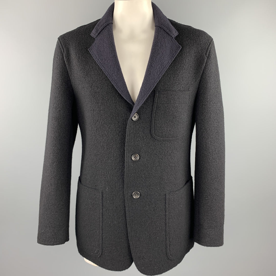 ISSEY MIYAKE Size XL Navy Textured Wool Notch Lapel Coat