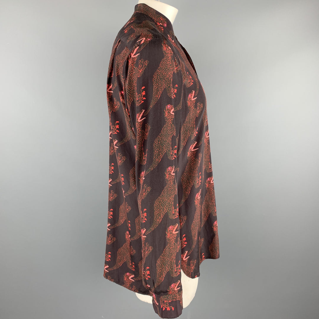 PAUL SMITH Taille XL Chemise à manches longues en cupro / coton imprimé marron et rouge