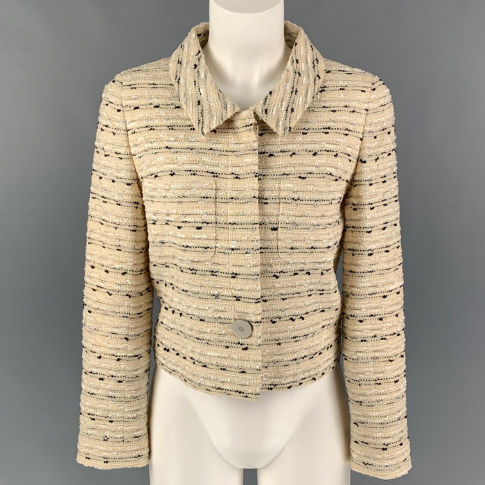 Vintage CHANEL BOUTIQUE R0098 99C Talla 4 Crema Negro Chaqueta de mezcla de lana metálica