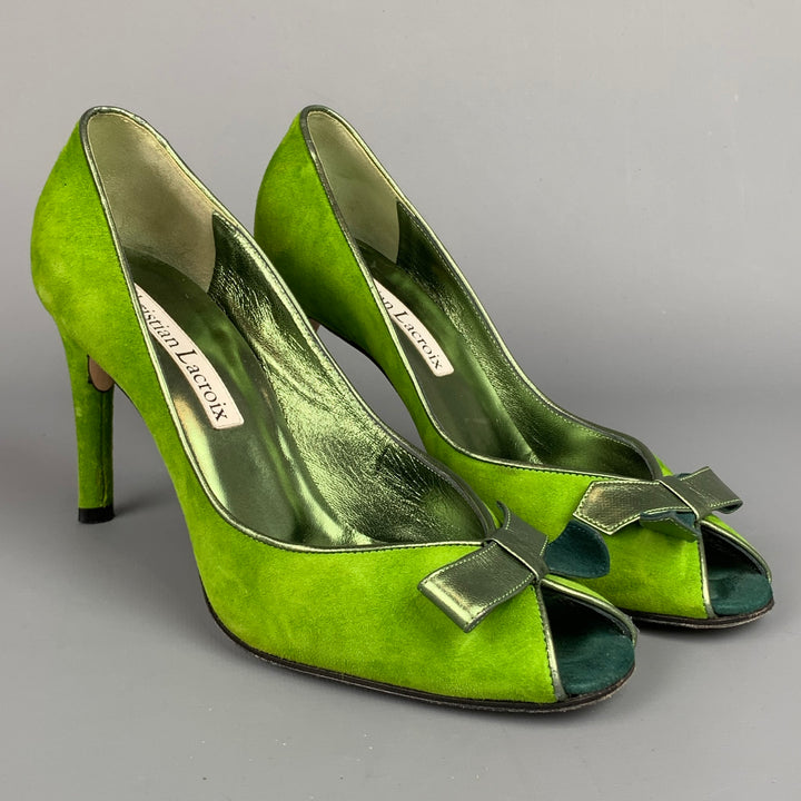CHRISTIAN LACROIX Size 8 Green Two Toned Suede Bow Pumps