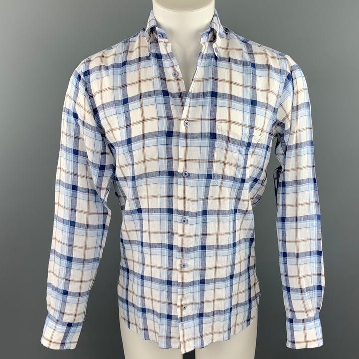 IKE BEHAR Size S Blue & White Plaid Linen Button Down Long Sleeve Shirt