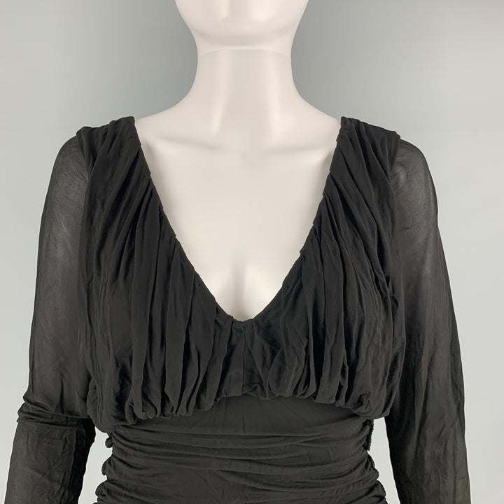 SAINT LAURENT Size 2 Black Cupro Ruched Long Sleeve Mini Cocktail Dress