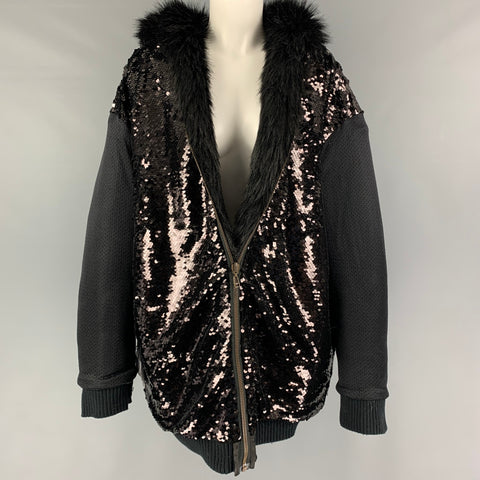 FAITH CONNEXION Size M Black Acrylic Blend Textured Faux Fur Reversible Coat