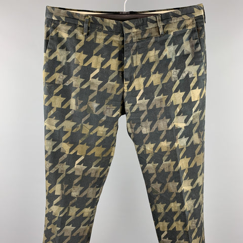 PAUL SMITH Size 32 Olive & Black Houndstooth Cotton Zip Fly Dress Pants