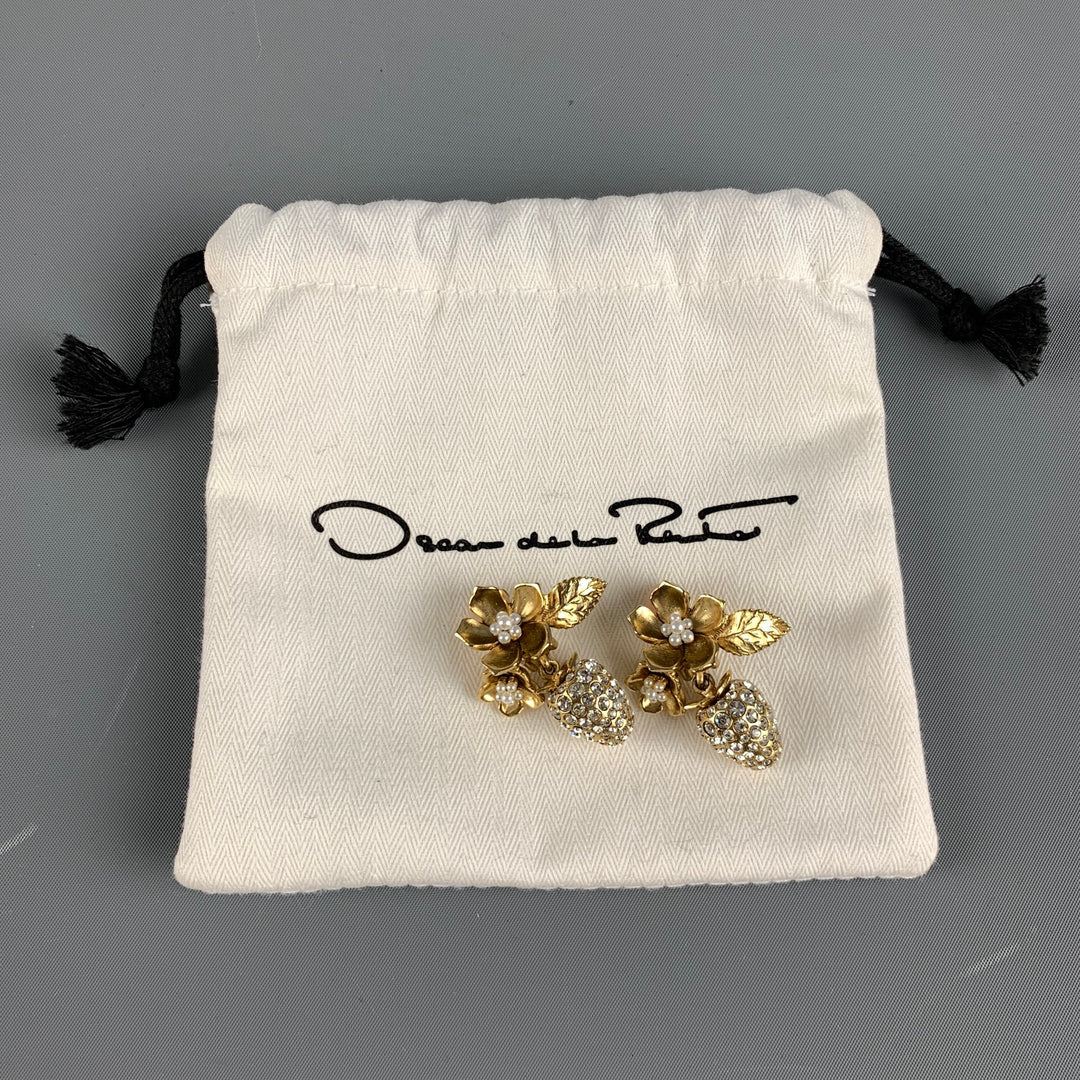 OSCAR DE LA RENTA Gold Floral Rhinestones Clip-On Earrings