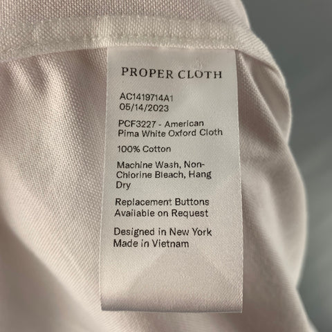 PROPER CLOTH Talla XXL Camisa blanca de manga larga con botones de algodón liso