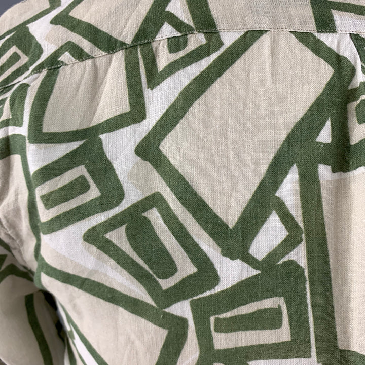 120% LINO Size S Green White Print Linen Button Up Long Sleeve Shirt