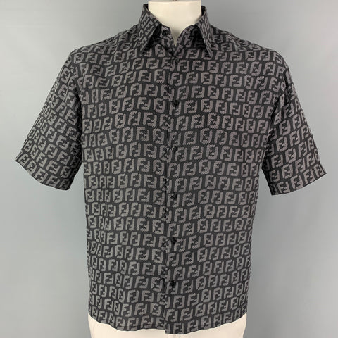 FENDI Size M Black White Logo Silk Button Down Short Sleeve Shirt