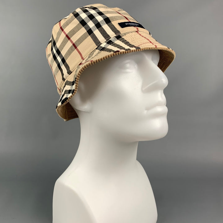BURBERRY LONDON Beige & Tan Plaid Corduroy Cotton Reversible Bucket Hat