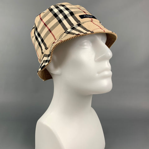 BURBERRY LONDON Chapeau bob réversible en coton velours côtelé à carreaux beige et beige