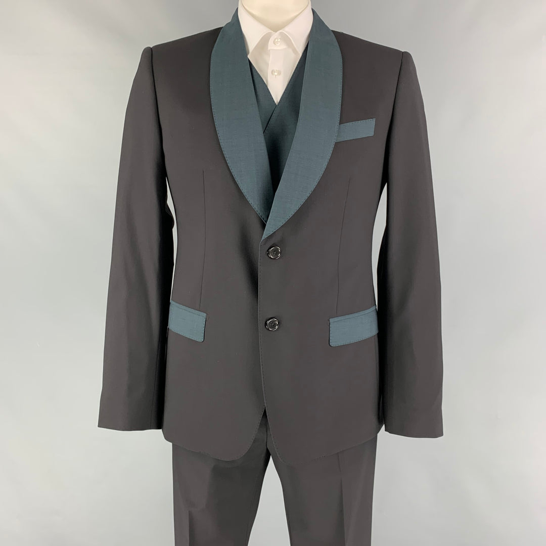 DOLCE & GABBANA Size 42 R Black Blue Two Toned Virgin Wool Tuxedo 3 Piece Suit