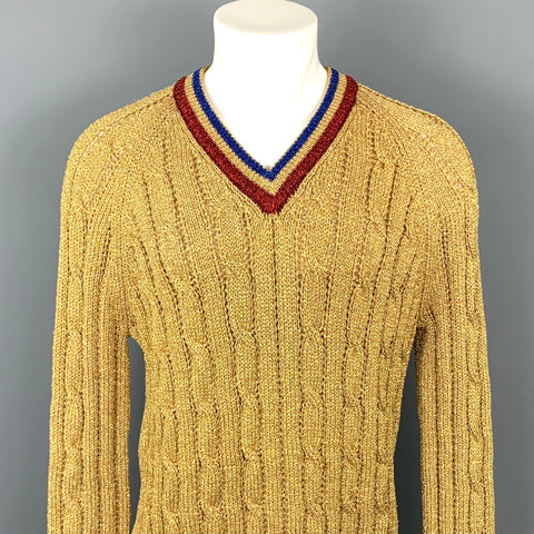 GUCCI Size XL Gold Metallic Fiber Blend Cable Knit V-Neck Sweater