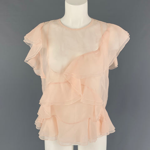 REBECCA TAYLOR Talla 8 Blusa transparente de seda rosa con volantes