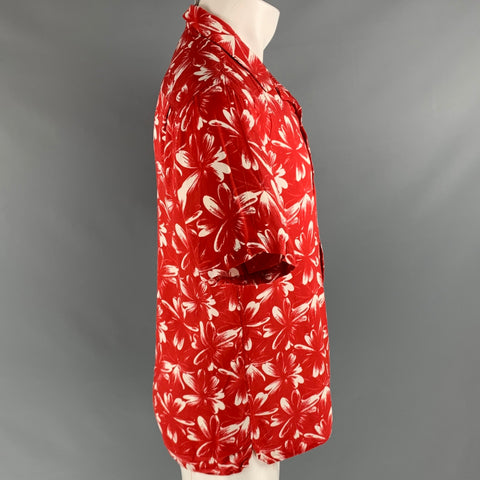 THE KOOPLES Taille S Chemise à manches courtes en viscose florale abstraite rouge blanc