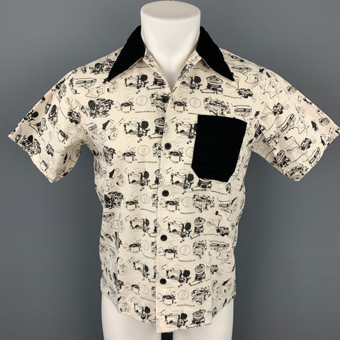 SAMURAI MOTOR CLUB Size L Beige Print Cotton Button Up Short Sleeve Shirt