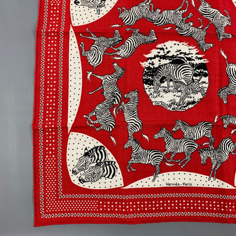 HERMES Les Zebres by Robert Dallet Red Black White Cashmere Silk Bandana Scarf