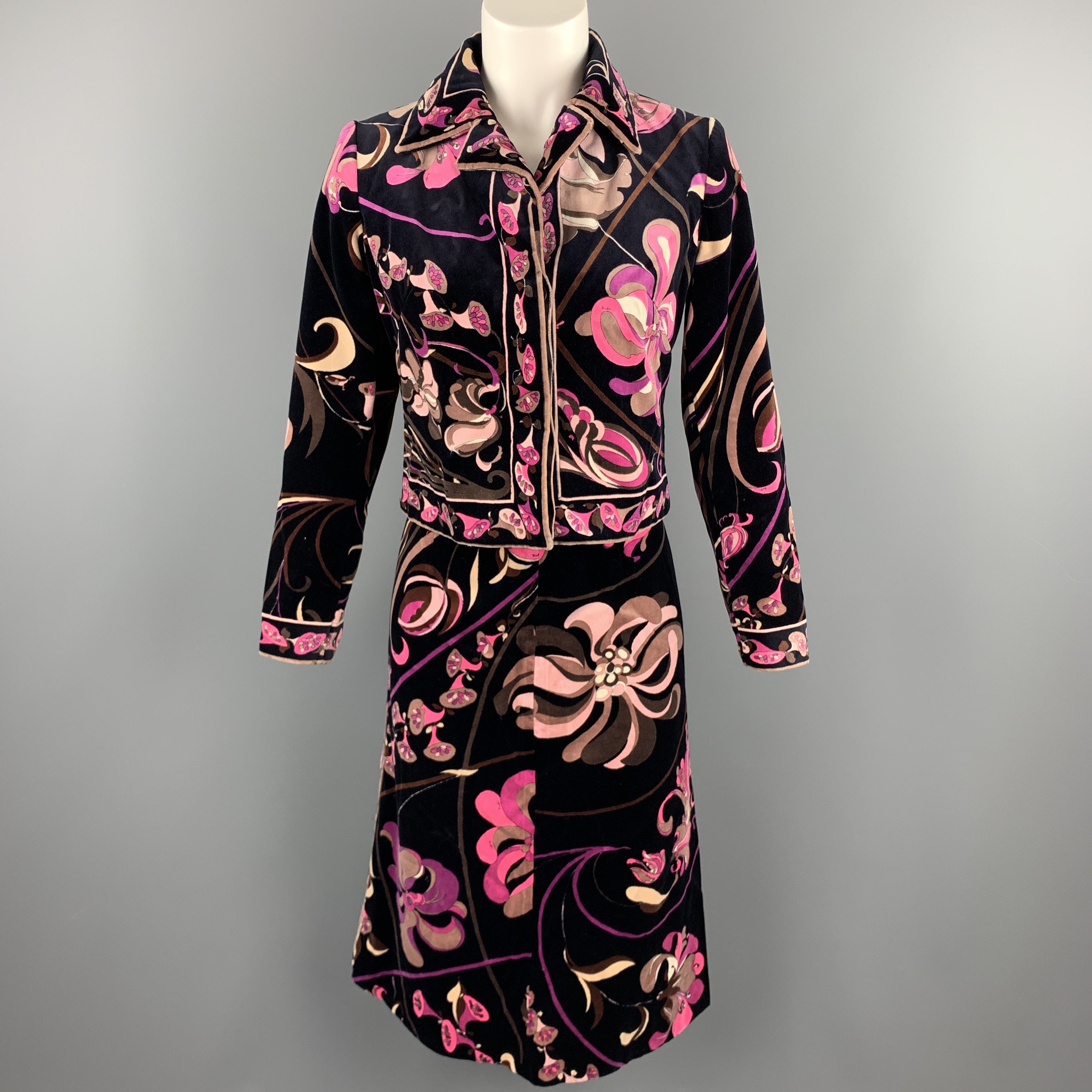 Vintage EMILIO PUCCI Size M Black & Pink Floral Velvet Cropped