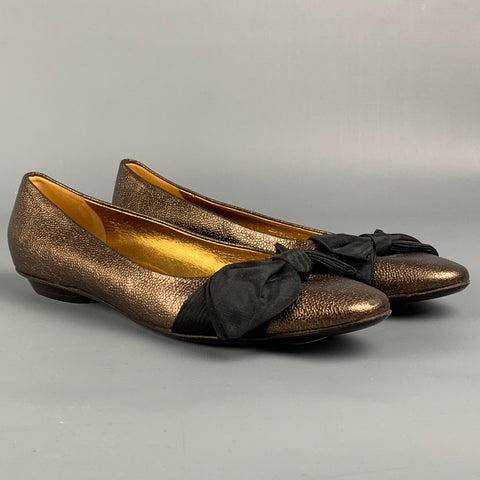 SALVATORE FERRAGAMO Size 7.5 Gold & Black Leather Silk Bow Flats