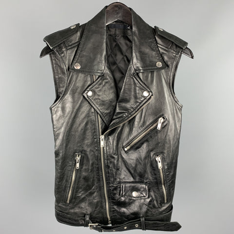BLK DNM Chaleco motero con cremallera y bolsillos con cremallera de cuero negro talla S
