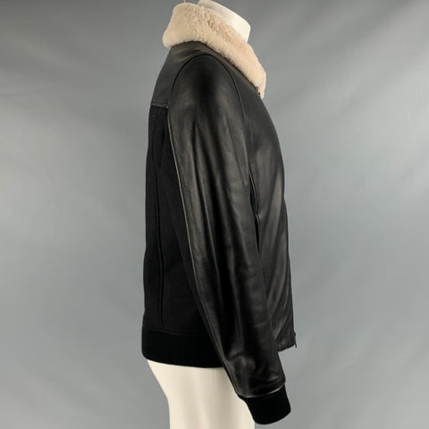 THEORY Size M Black Cream Shearling Bomber Jacket