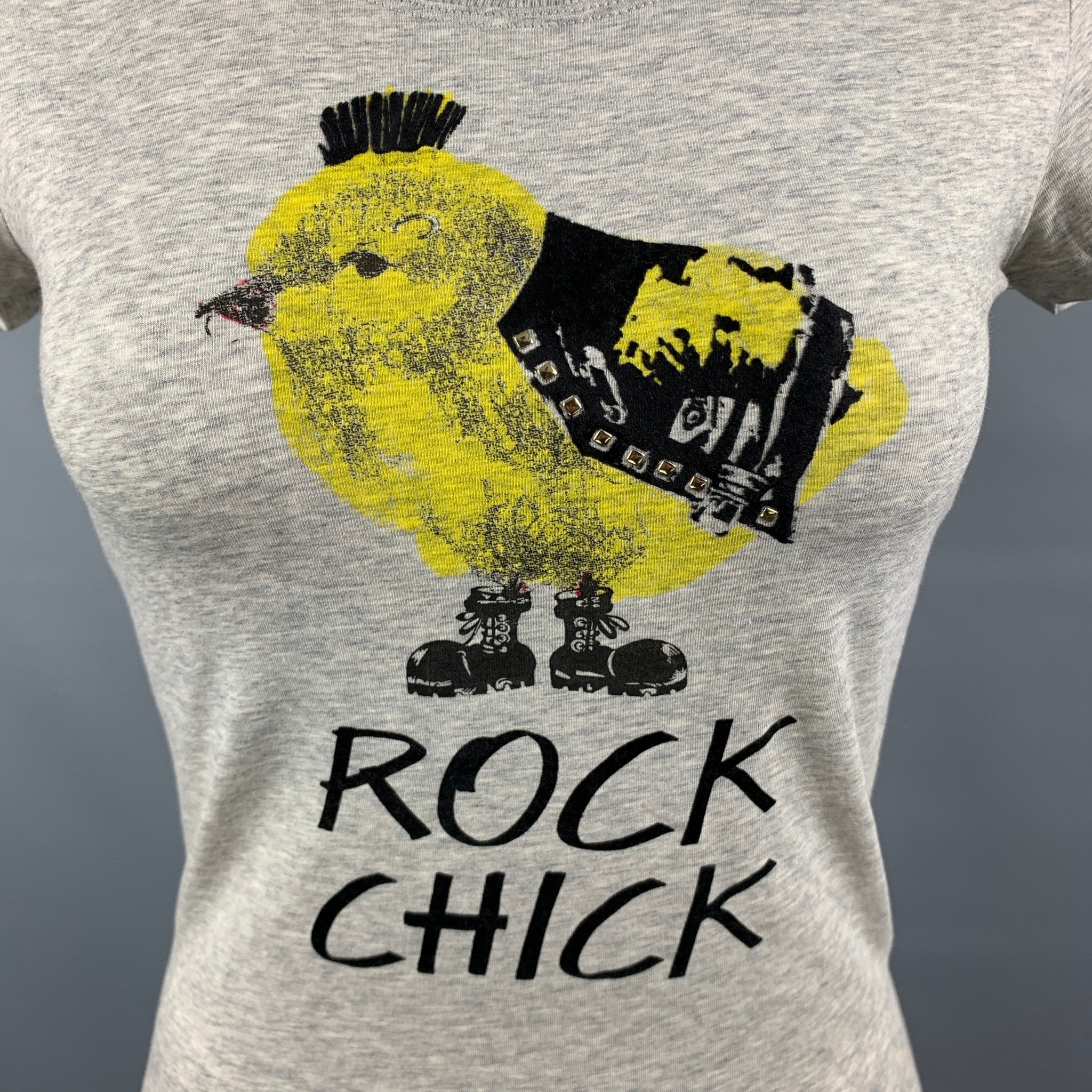 LOVE MOSCHINO Size 4 Grey & Yellow Graphic Print Cotton T