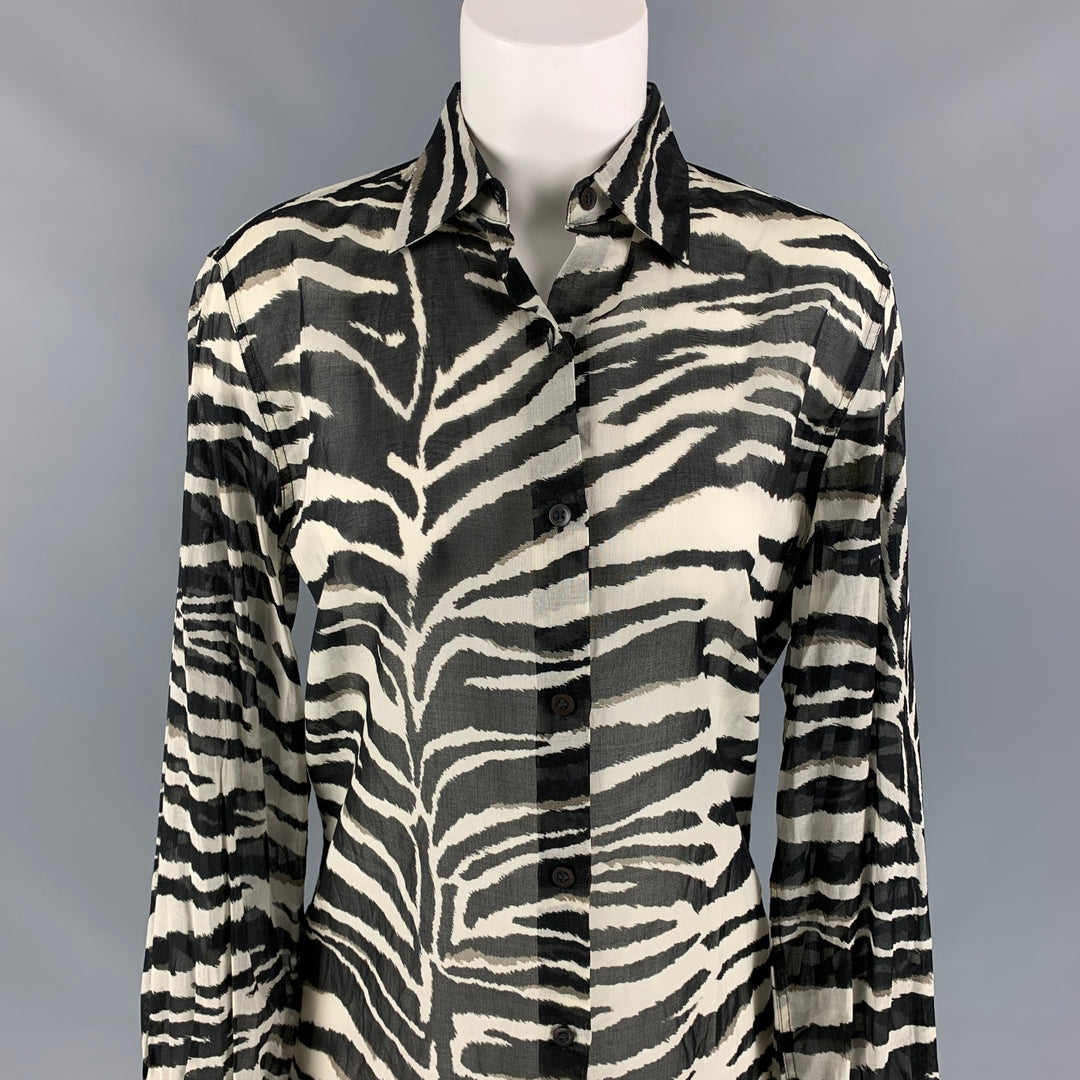 DRIES VAN NOTEN Size 2 Black & White Cotton Zebra Clavelly Cuff Blouse