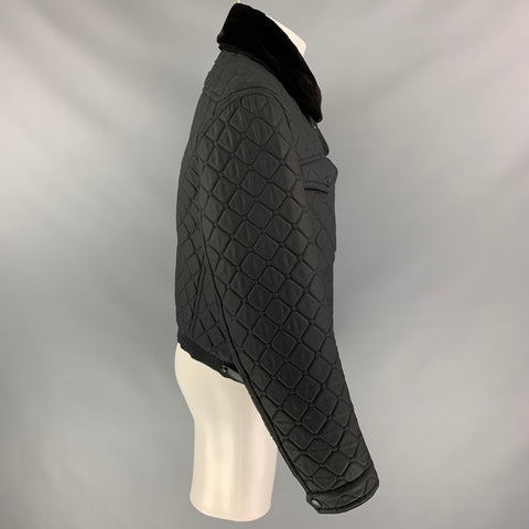 BURBERRY PRORSUM Size 40 Black Quilted Coated Cotton Mink Collar Zip Jacket